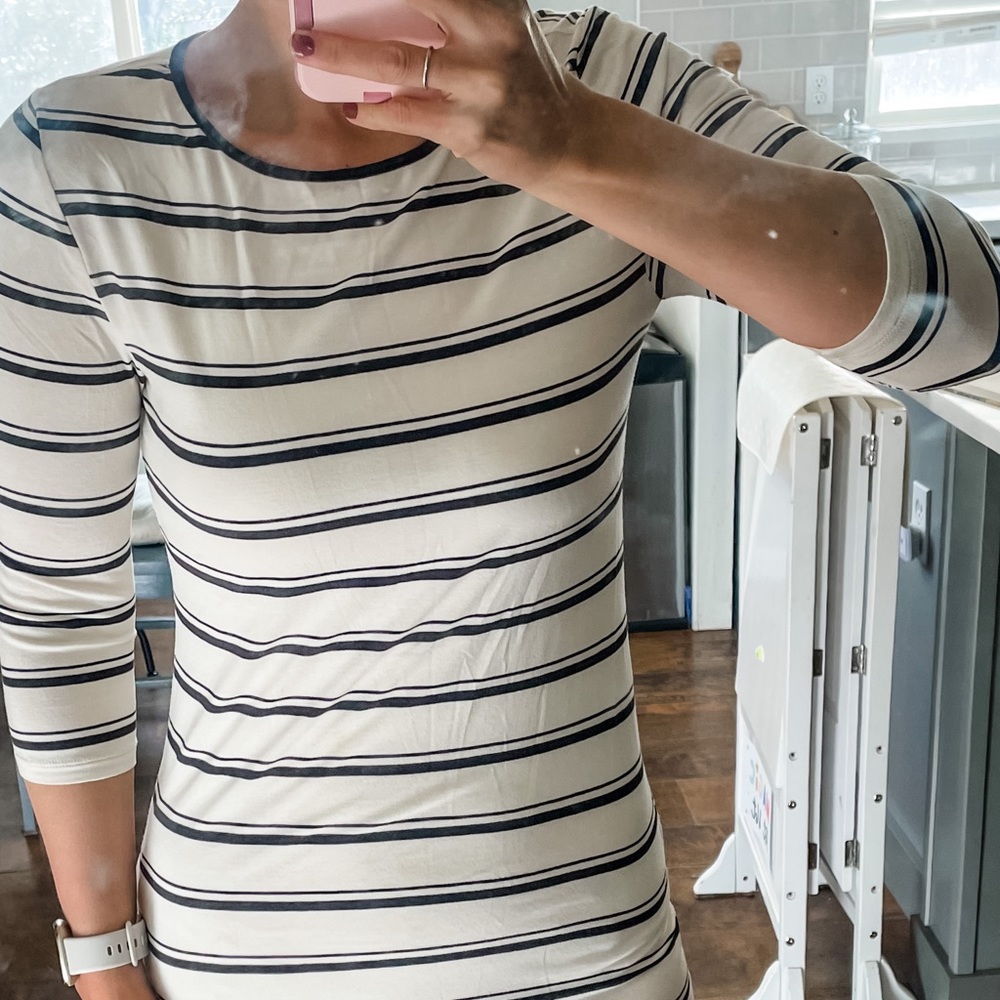 Forever 21, cream and navy blue stripes 3/4 sleeve 3/4 length dress